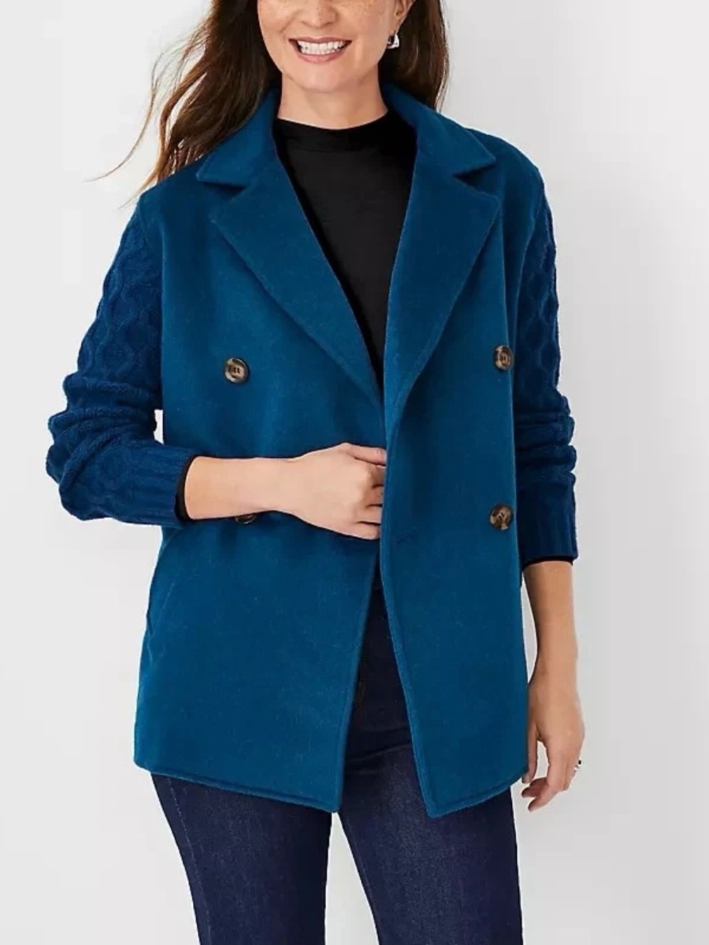 NWT Ann Taylor Blue Mixed Media Cable Coat Jacket Size S